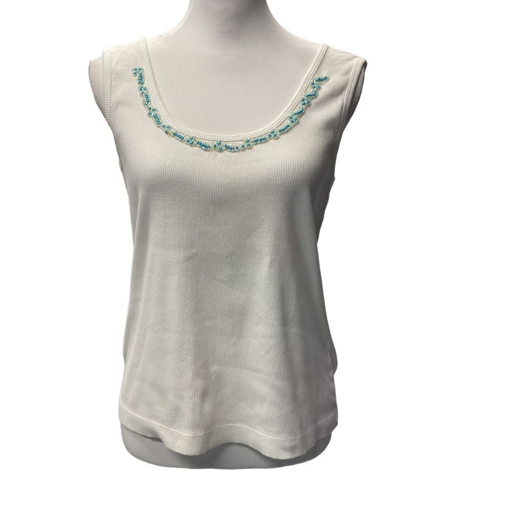 Crazy Horse Liz Claiborne Beaded Scoop Neck Tank Top Size Large White